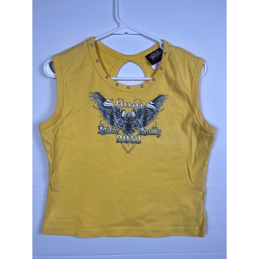 Biker Design Sturgis Bike Rally 2010 Tank Top Womens XL Studded Keyhole Yellow